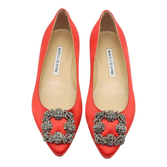 Manolo Blahnik Hangisiflat Jewel Buckle Flat Pumps - Satin - Red 35 5US $1095 - Picture 3 of 9